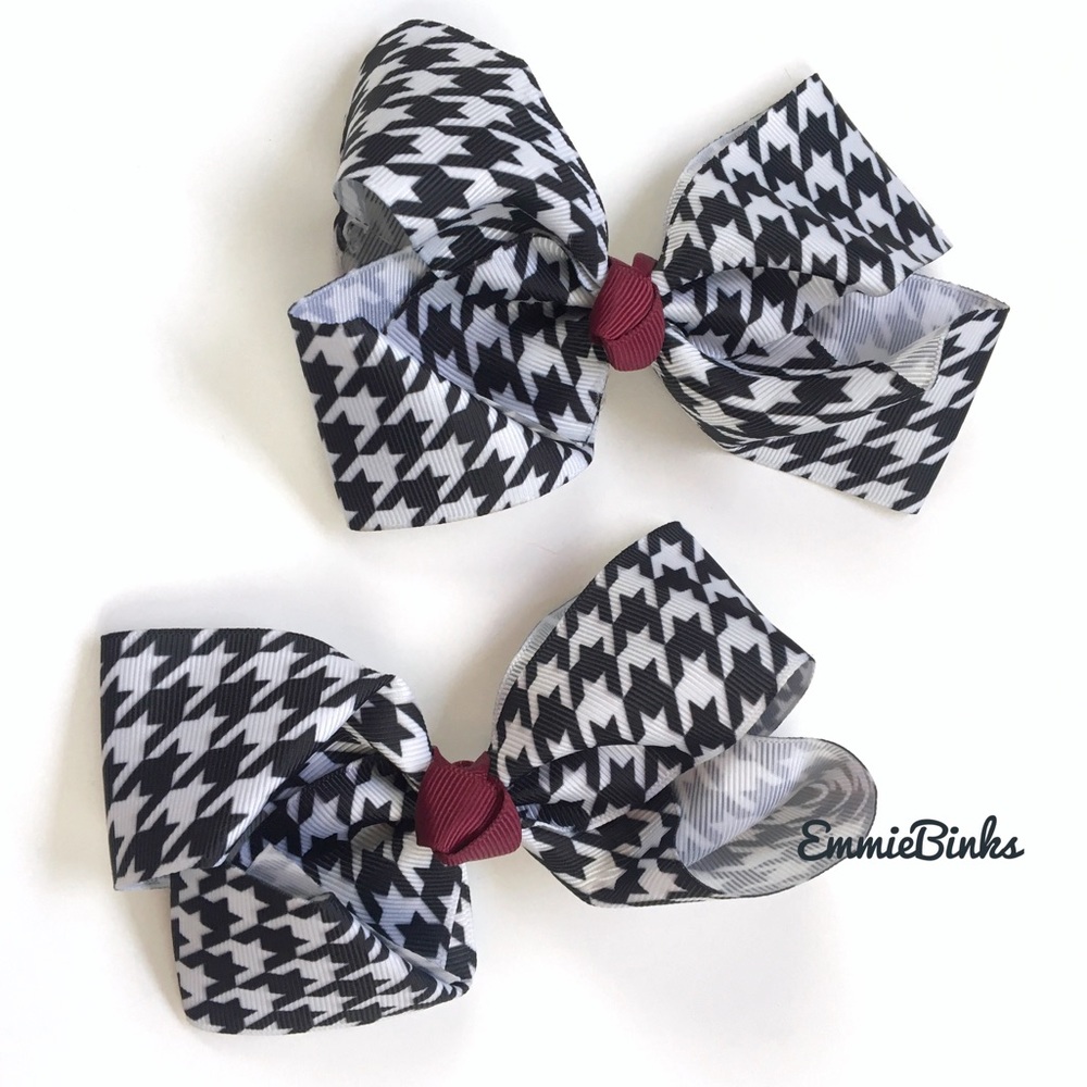 New Large Black & White Houndstooth Bows ~ Burgundy Center ~ Alabama AL Bama